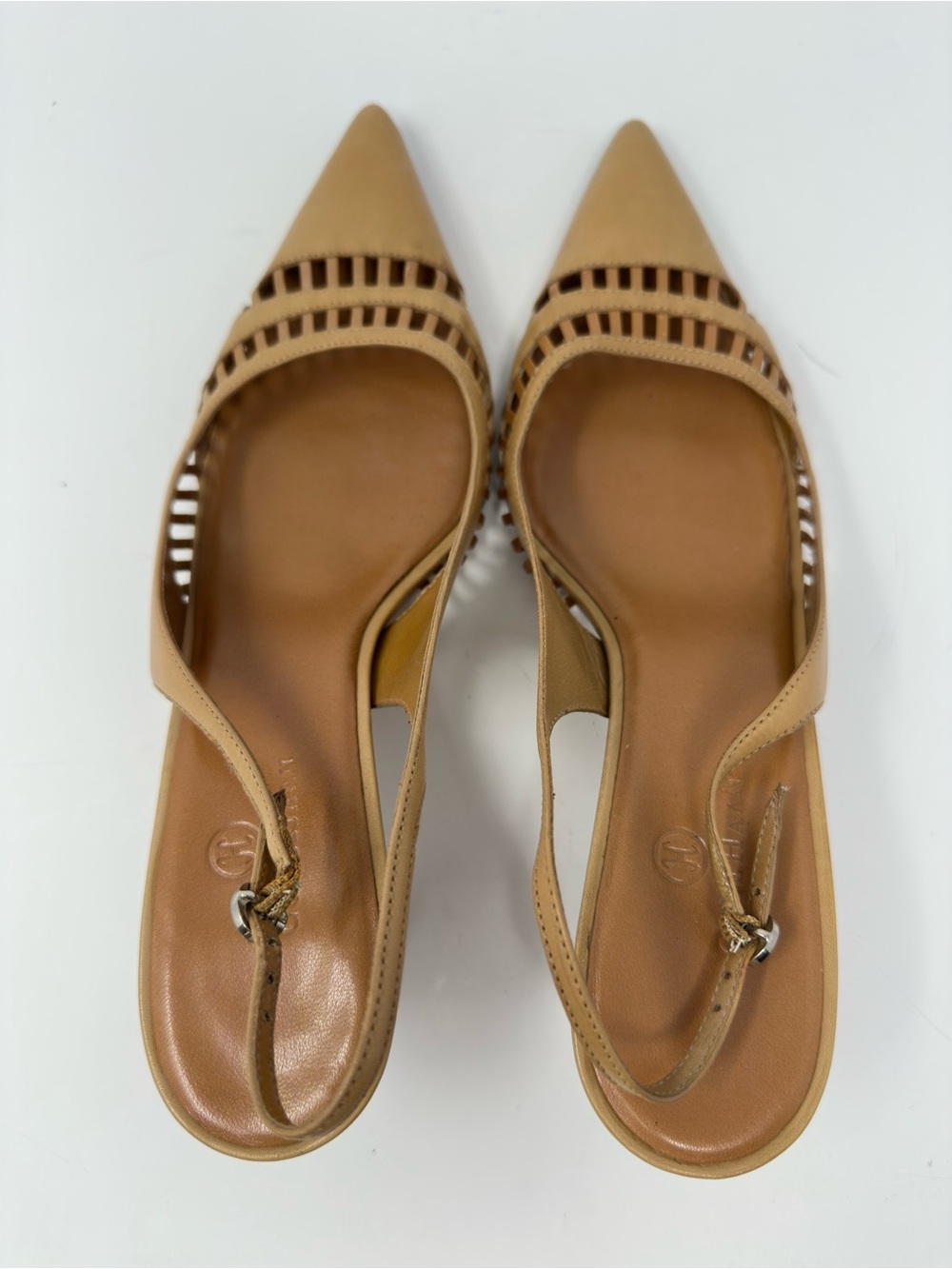 Cole Haan Tan Woven Leather Slingback Pointed Toe Kitten Heels Size 10B Office - Picture 4 of 9